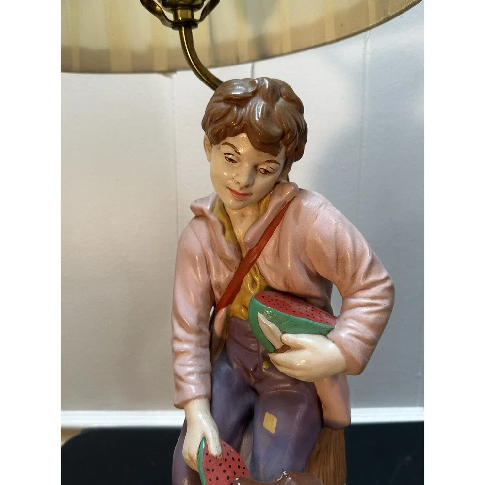 Vintage Taiwan Figural Table Lamp Boy Feeding Dog Watermelon Ceramic 31 Inch Sha